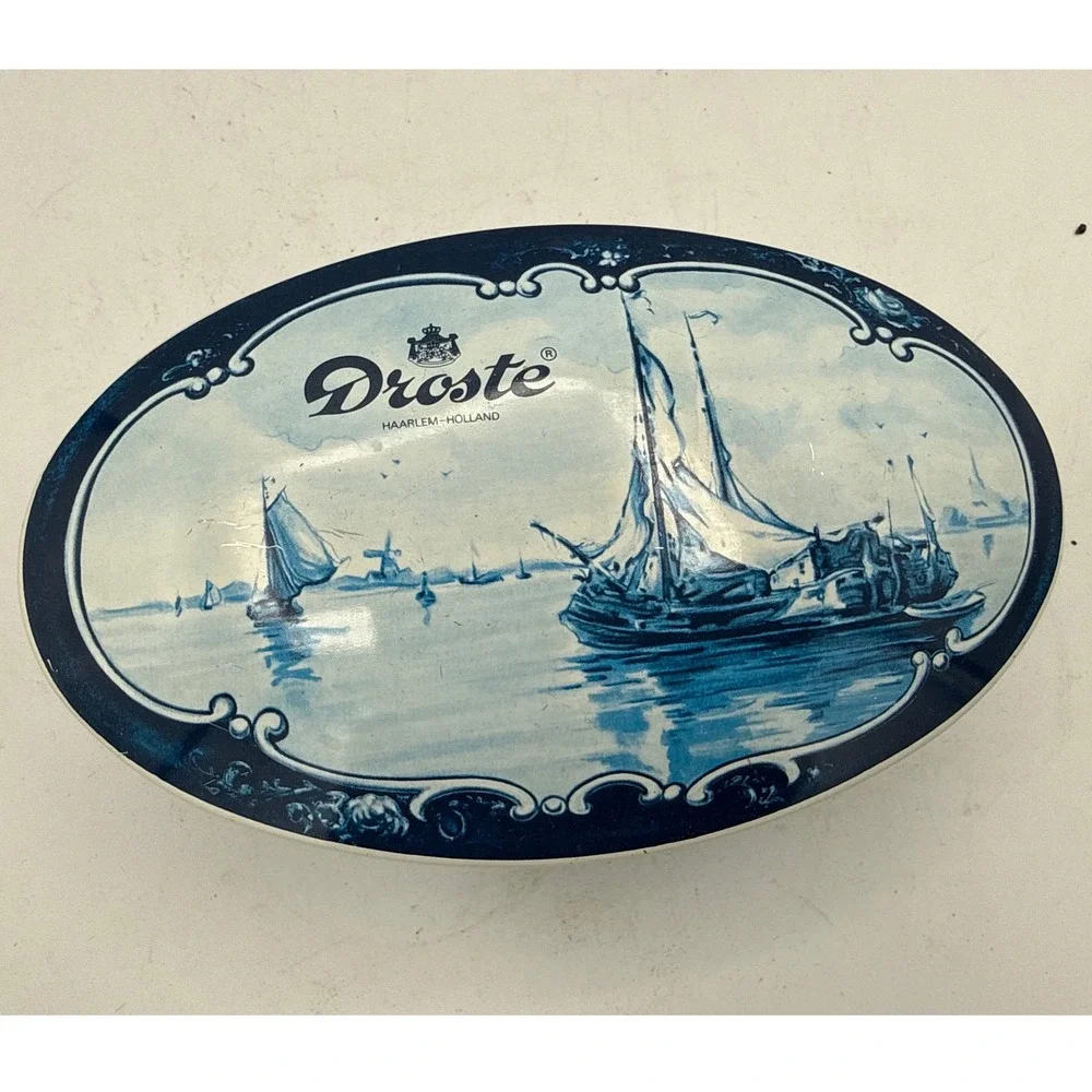 Droste Haarlem Holland Vintage Oval Metal Tin Blue White Nautical Sailing Ship